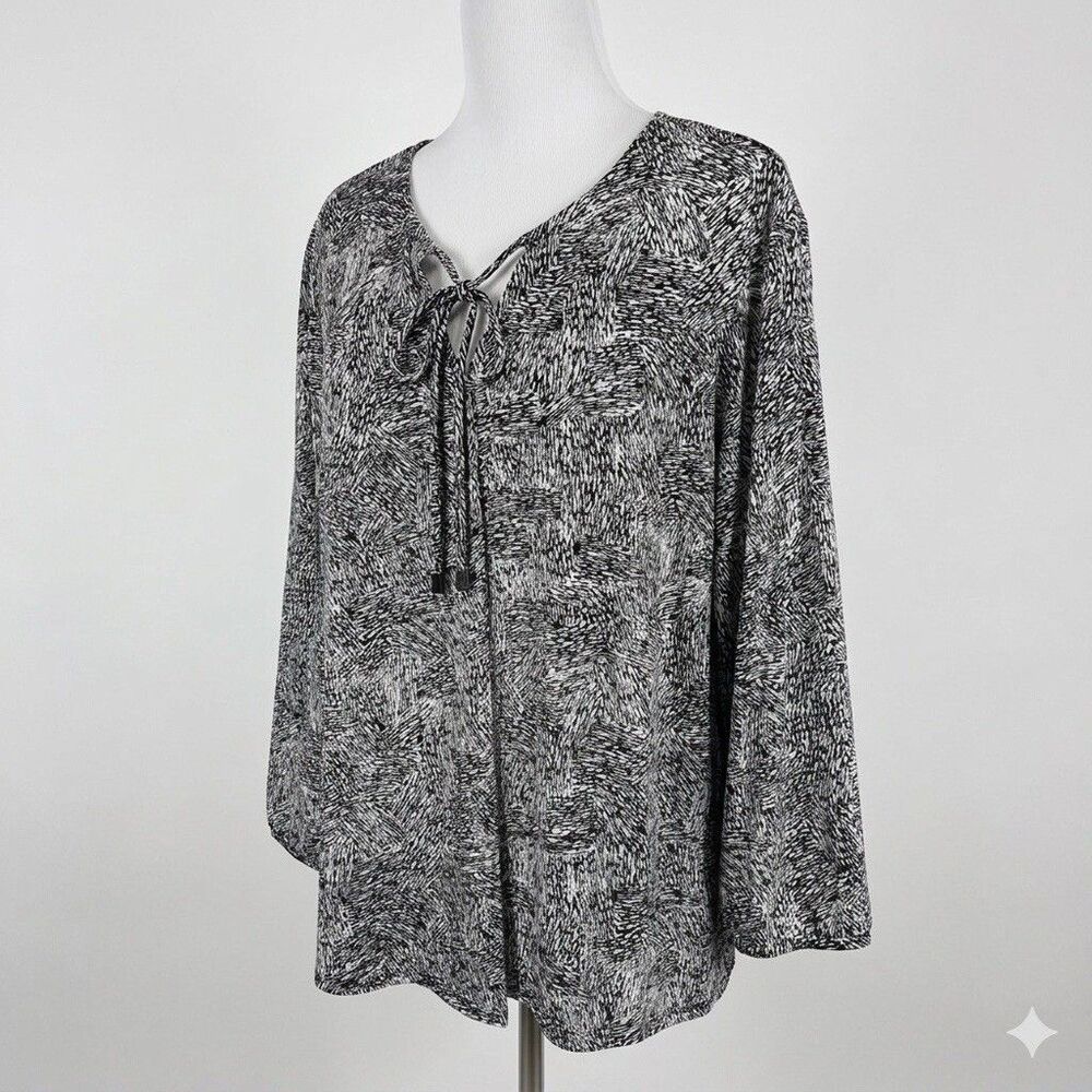 Liz Claiborne XL Black White Abstract Geometric Print Blouse Tie Neck Career